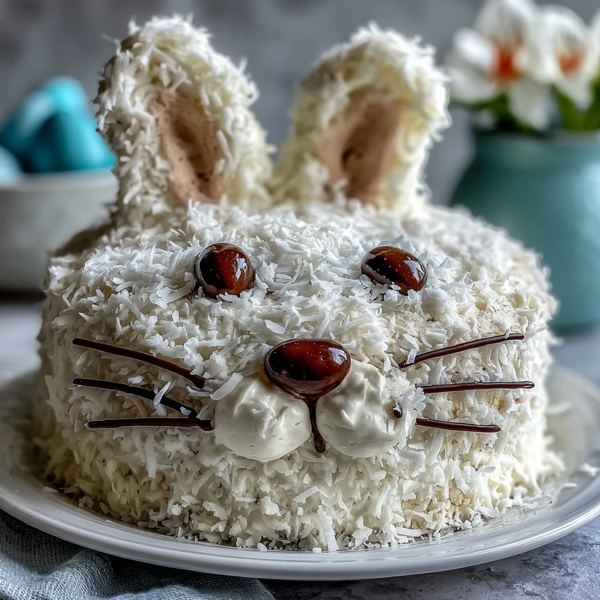 A charming Easter Bunny Cake with coconut frosting, featuring soft vanilla layers and festive candy decorations for a whimsical spring dessert.