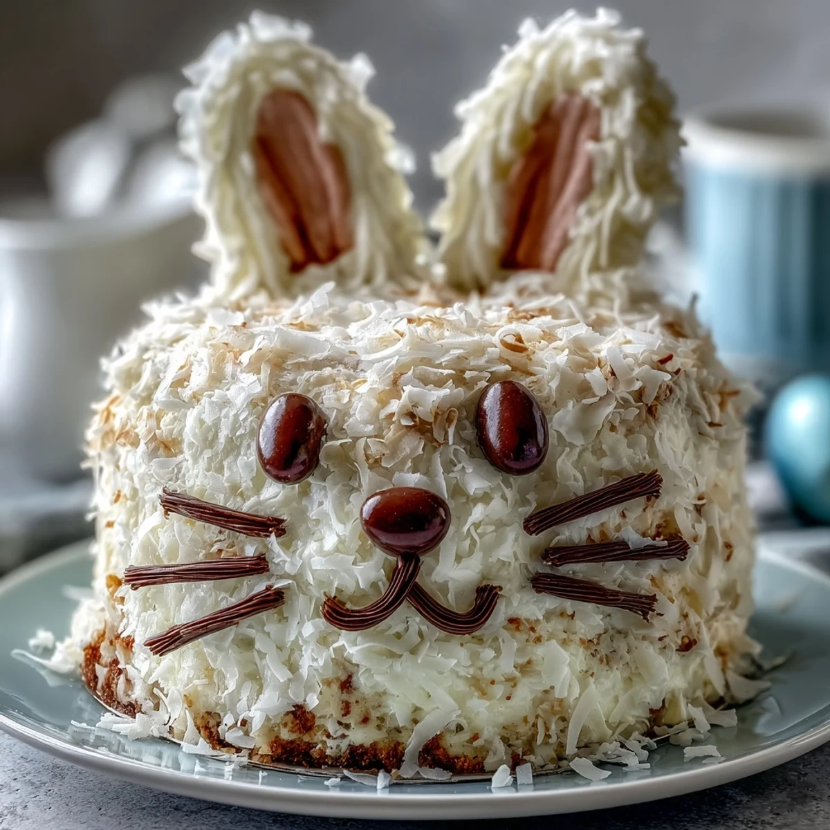 Fluffy vanilla cake shaped like a bunny, frosted with creamy coconut icing and adorned with colorful jelly beans and licorice whiskers.