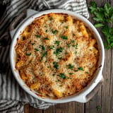 A bowl of macaroni and cheese with a green herb on top.