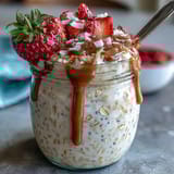 Healthy Easy Overnight Oats with Strawberry and Chia in a glass jar, topped with fresh strawberries and nuts for a vibrant, nutritious breakfast.
