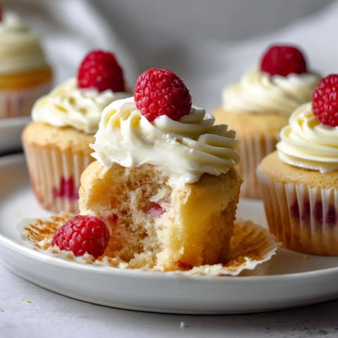 A plate of cupcakes with raspberries on top.