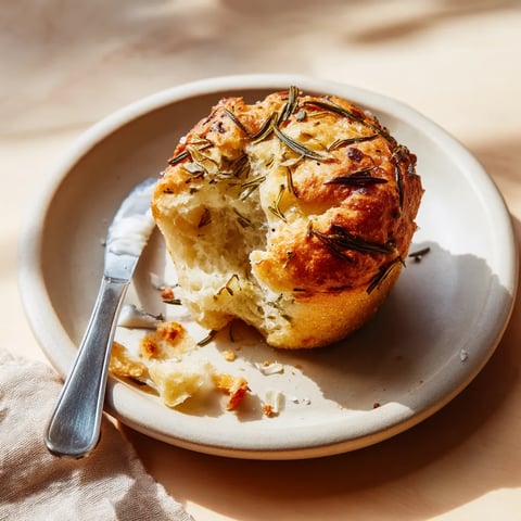 A half eaten biscuit with herbs on a plate.