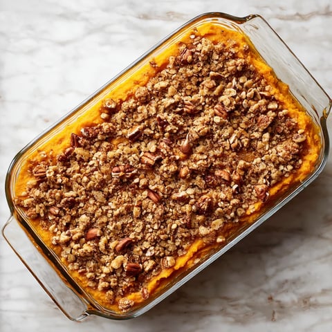A glass dish filled with a casserole.