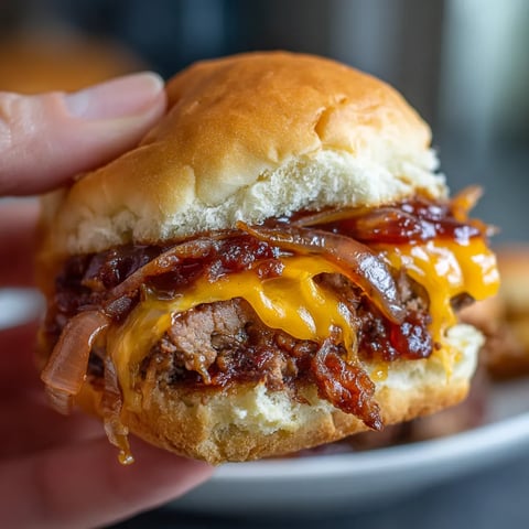 A person holding a sandwich with bacon and cheese.