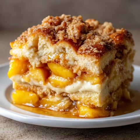 A slice of peach cobbler on a plate.