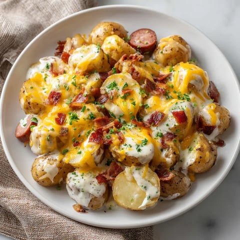 A plate of food with bacon and potatoes.