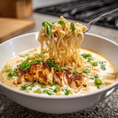 A bowl of noodles with chicken and vegetables.
