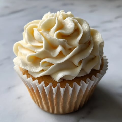 A cupcake with white frosting and a yellow rose.