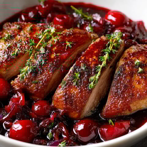 A bowl of cherry glazed duck breast.