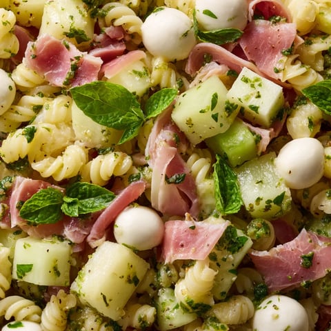 A dish of pasta salad with ham, mushrooms, and mint.