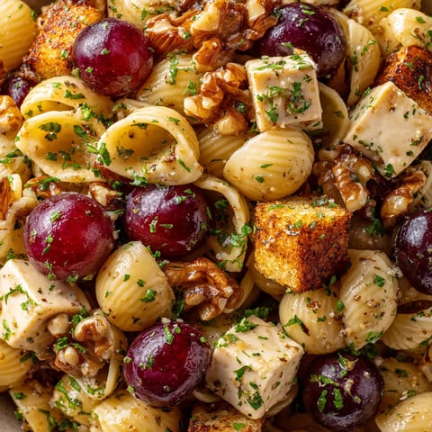 A bowl of pasta salad with roasted grapes and walnuts.