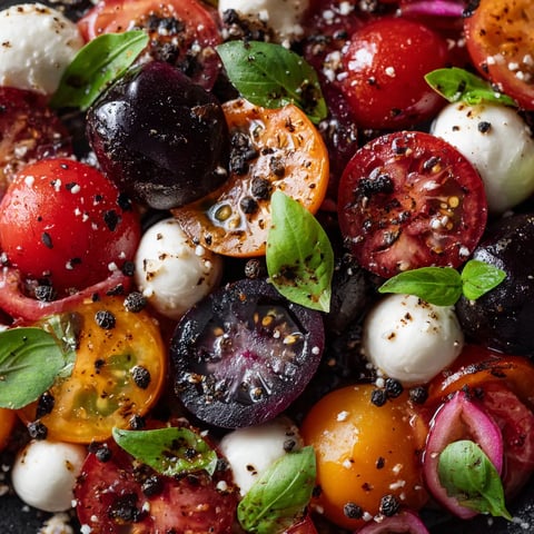 A close up of a Caprese salad with tomatoes, cheese, and basil.