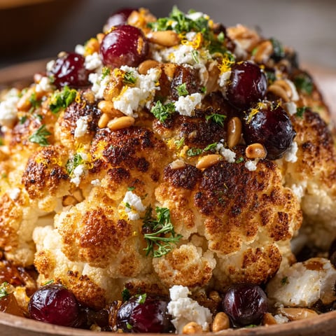 A whole roasted cauliflower with grapes and feta.