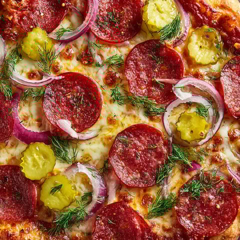 A pizza with pepperoni and pickles on top.