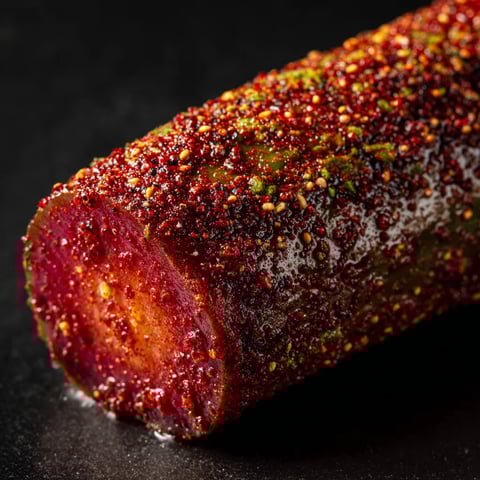 A pickle snack with a red and green color.