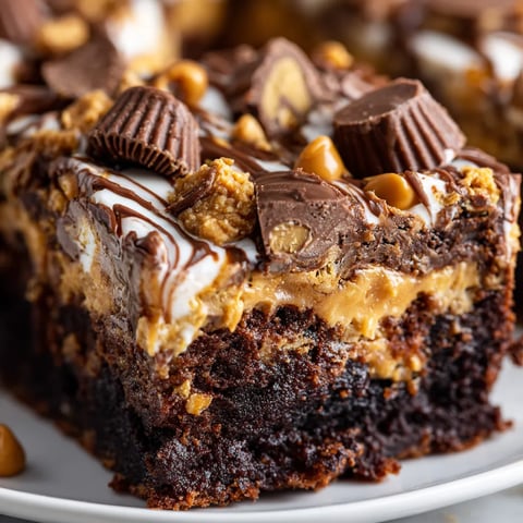 A slice of a peanut butter cup dump cake.