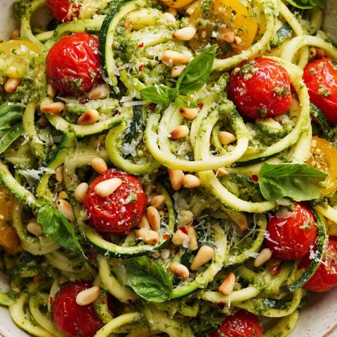 A bowl of zucchini noodles with pesto.