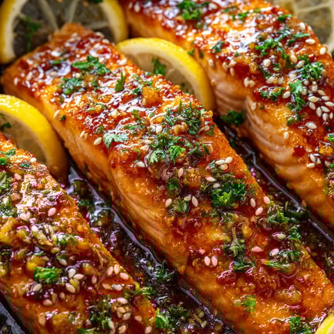 A plate of fish with lemon and herbs.