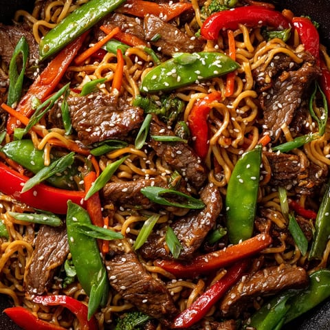 A close up of a stir fry with meat, peppers, and broccoli.