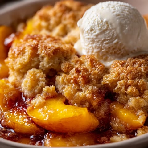 A bowl of peach cobbler with a scoop of ice cream on top.