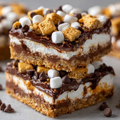 A stack of three no-bake s'mores bars.