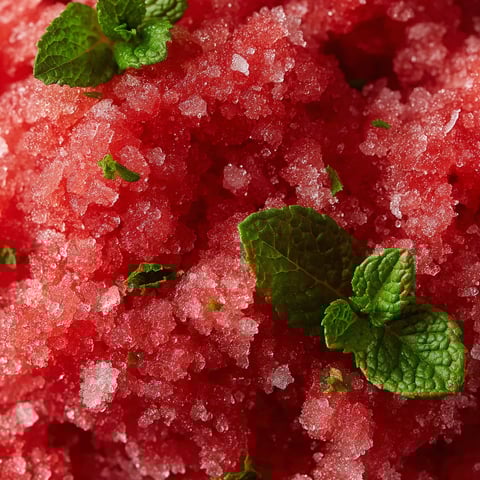 A close up of a watermelon with mint leaves on top.