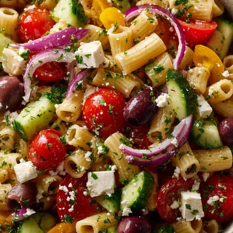 A Greek pasta salad with tomatoes, cucumbers, olives, and pasta.