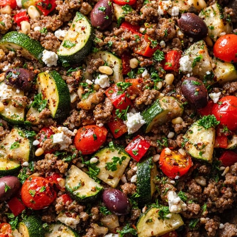 A close up of a Mediterranean ground beef stir-fry.