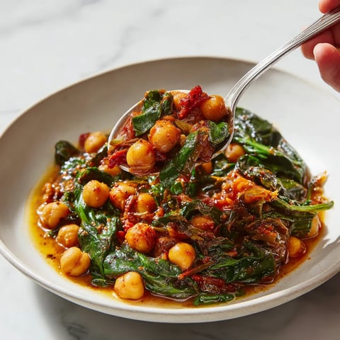 A bowl of soup with chickpeas and spinach.