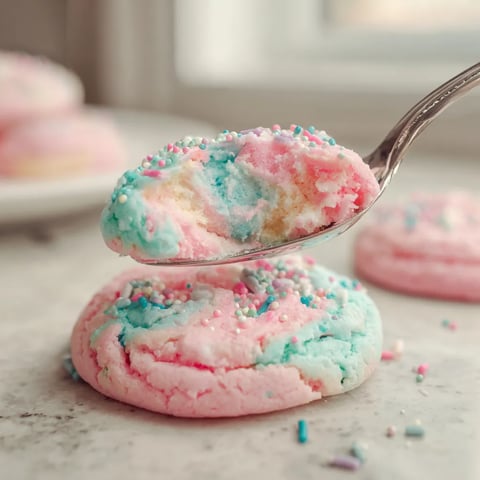 A spoon is in a pink and blue cotton candy cookie.