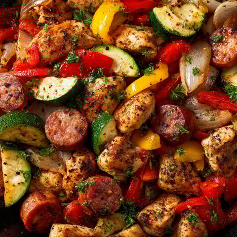 A skillet filled with chicken, sausage, peppers, onions, and zucchini.