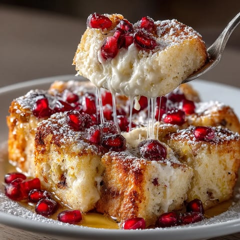 A plate of French toast with pomegranate and ricotta cheese.