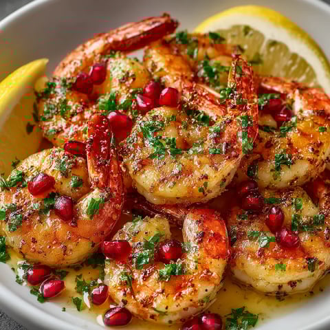 A bowl of shrimp with garlic butter and pomegranate glaze.