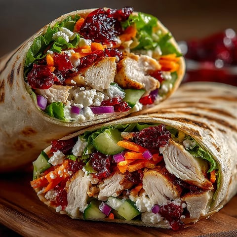 A wrap with chicken and cranberry sauce.