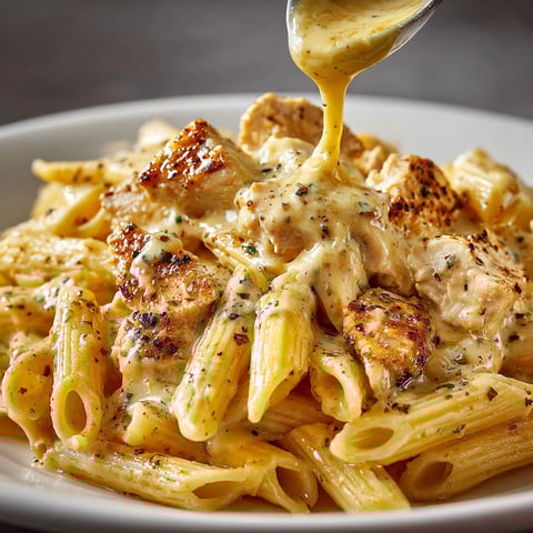 A plate of pasta with chicken and honey mustard.