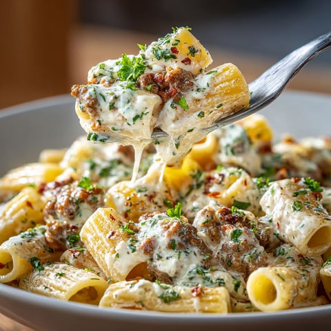 A fork is being used to eat creamy horseradish beef rigatoni.