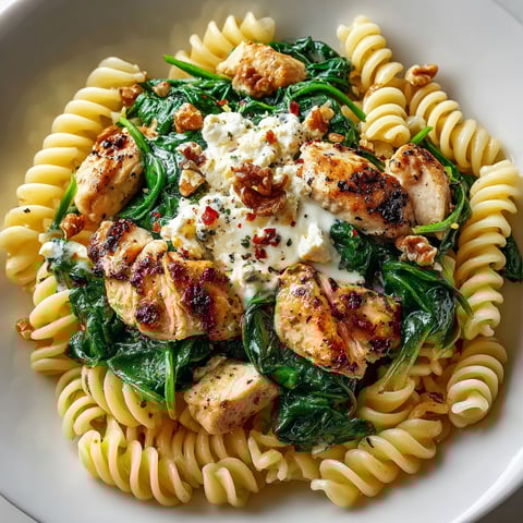 A plate of food with chicken, spinach, and pasta.