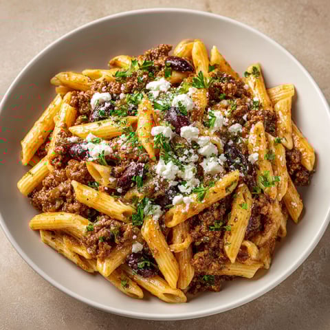 A bowl of pasta with beef and cheese.
