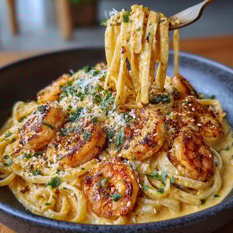 A bowl of creamy orange-ginger shrimp pasta.