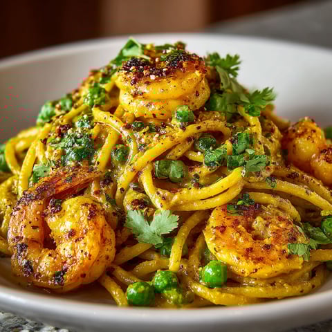 A plate of yellow curry shrimp pasta.
