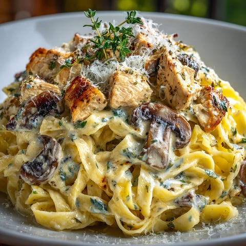 A plate of creamy wild mushroom chicken pasta.