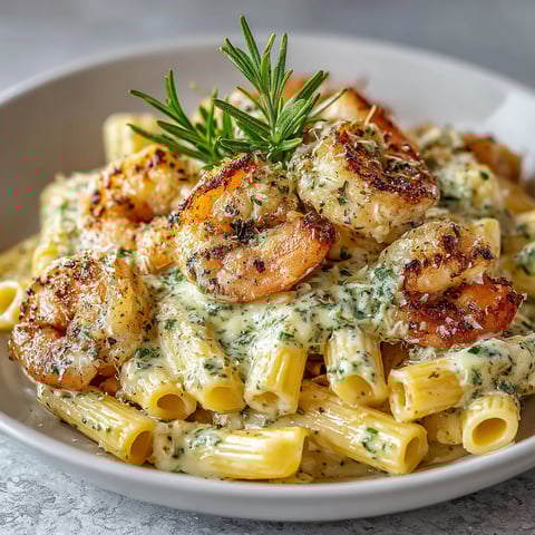 A bowl of pasta with shrimp and rosemary.