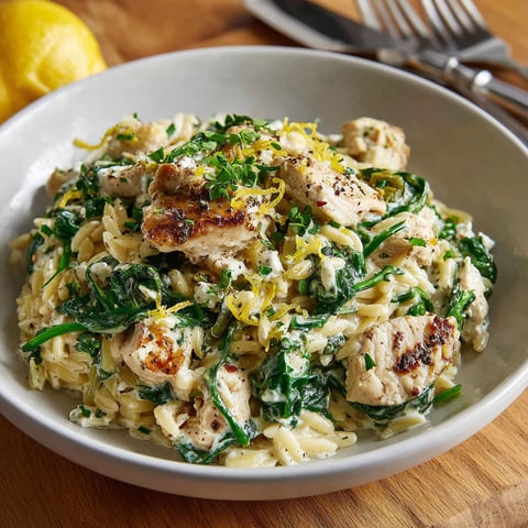 A bowl of chicken orzo with feta and spinach.