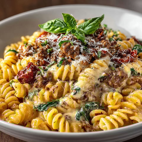 A bowl of pasta with meat and cheese.