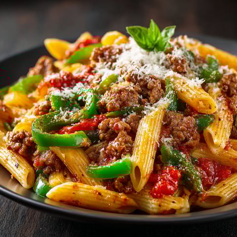 A plate of pasta with meat and green peppers.