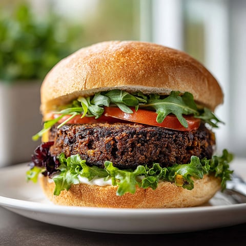 A burger with lettuce, tomato, and black bean patty.