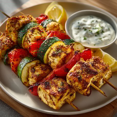 A plate of chicken and vegetable skewers with garlic yogurt dip.