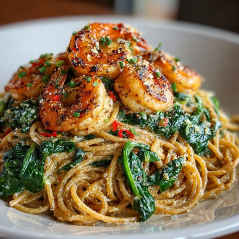 A plate of pasta with shrimp and greens.