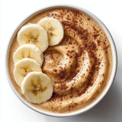 A bowl of peanut butter banana protein smoothie.