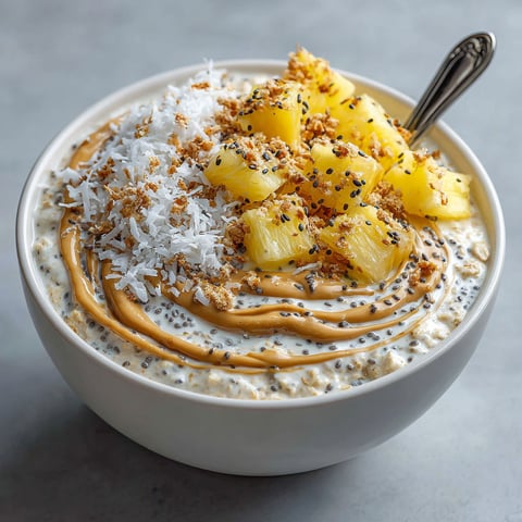 A bowl of oatmeal with a swirl of peanut butter and tropical fruit.